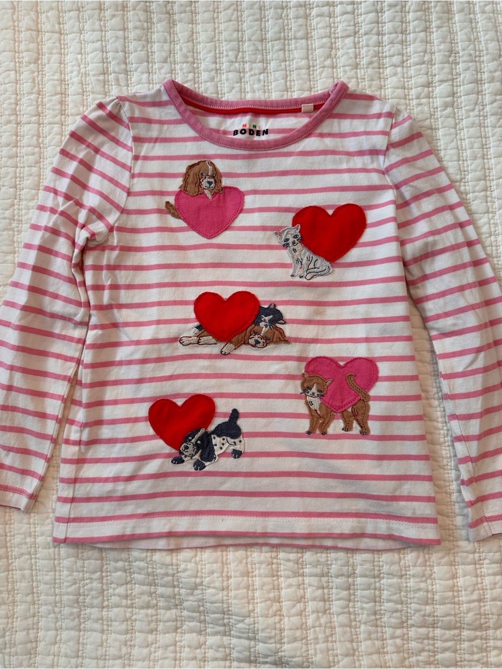 Mini Boden Pink & White Stripe Long Sleeve Top with Heart & Puppy Appliqués